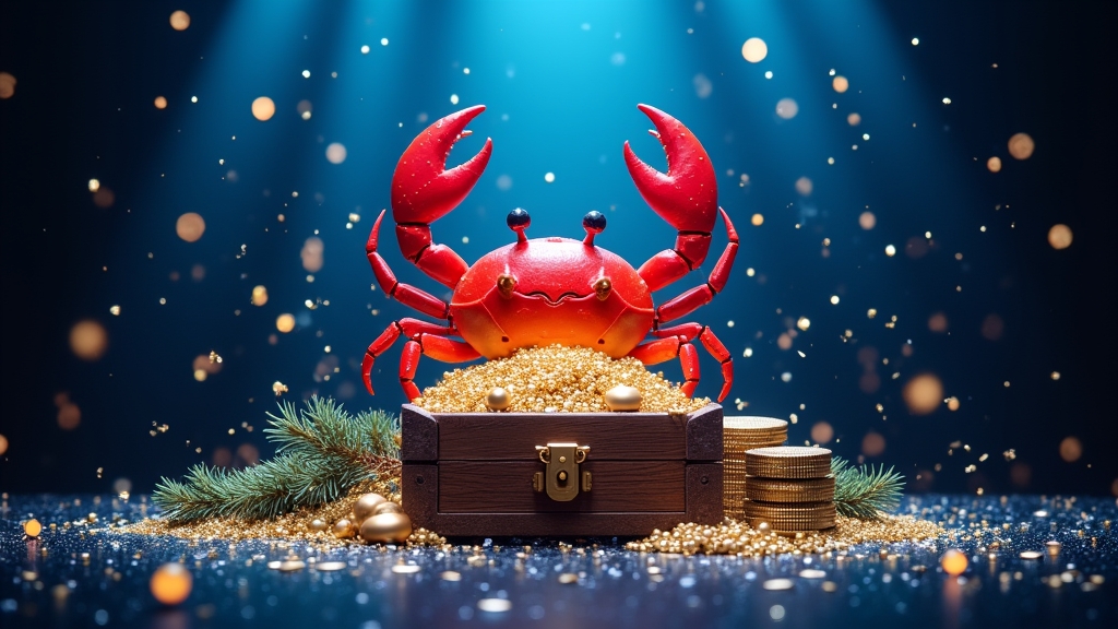 Seasonal casino promo with a crab mascot and bonus chest