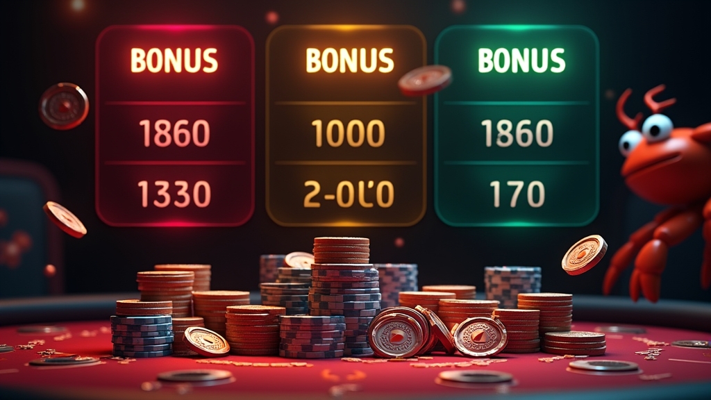 Casino bonus comparison board with welcome, cashback, and themed promo icons