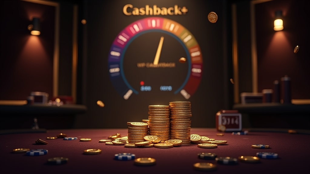 VIP casino scene with cashback coins and loyalty meter