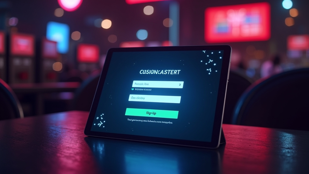 Modulo di registrazione su un tablet in un ambiente da casinò scuro