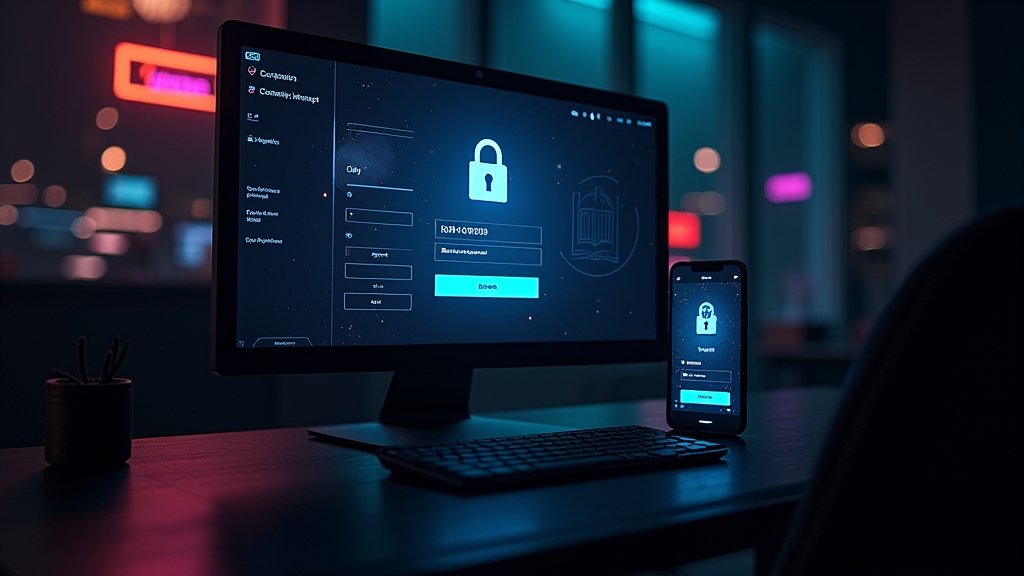 Schermi di accesso desktop e mobile che brillano in un ambiente da casinò scuro