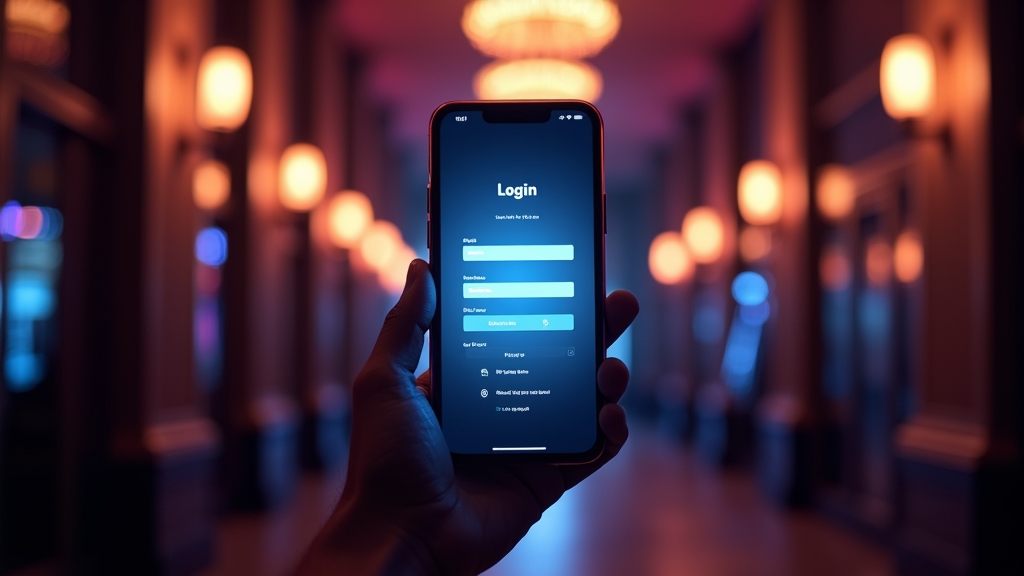 Hand holding a phone with casino app login and navigation screens