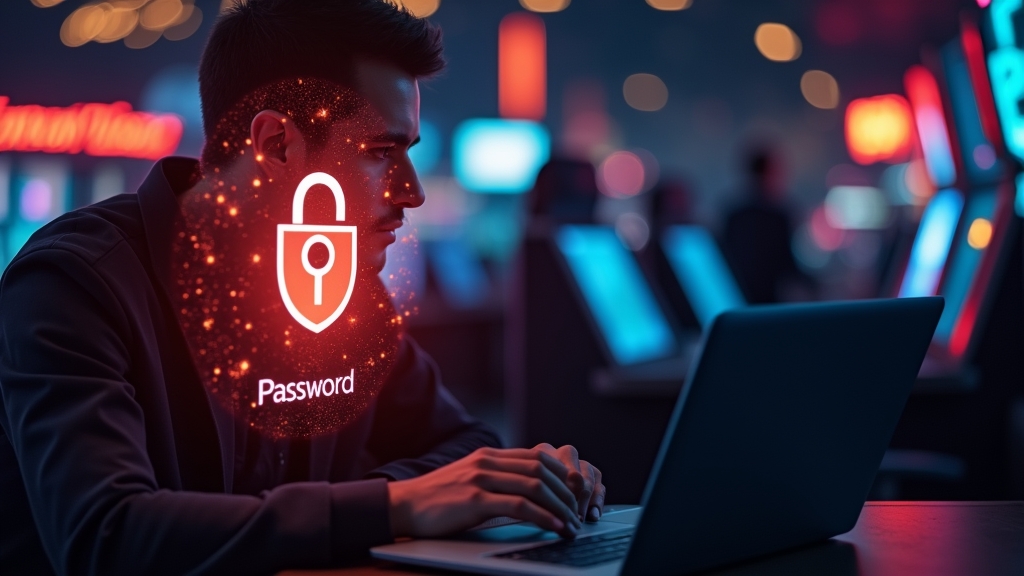 Schermata di accesso protetta con avvisi di sicurezza in un ambiente da casinò scuro