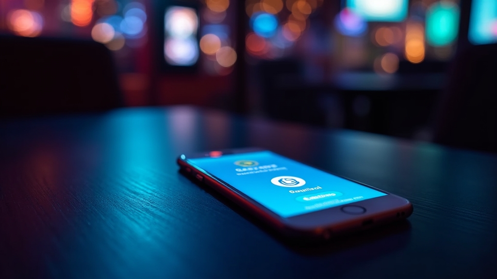 Smartphone showing a casino app download page in a dark neon casino setting